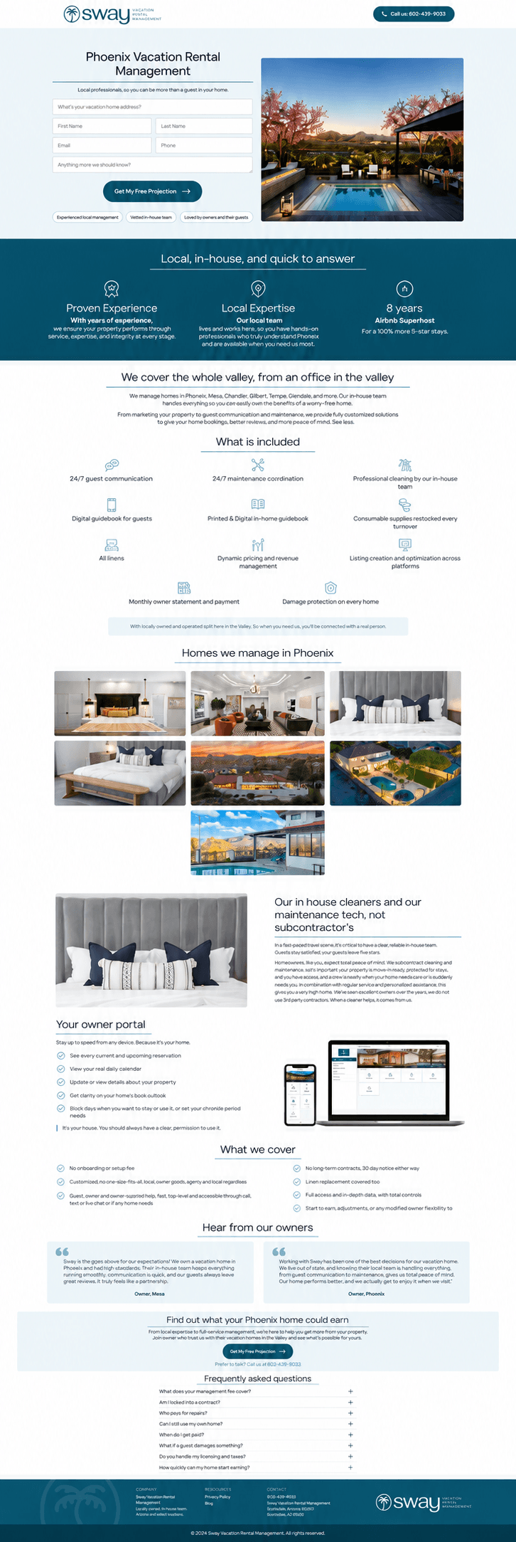 Sway vacation rental management lead-capture landing page for Phoenix and Scottsdale