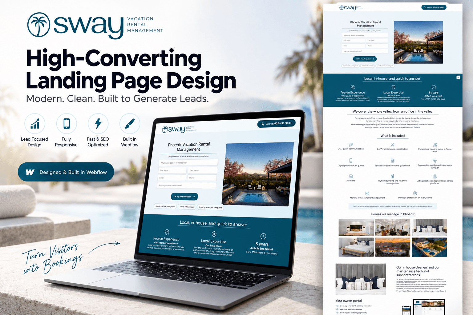 Sway vacation rental management lead-capture landing pages in Webflow