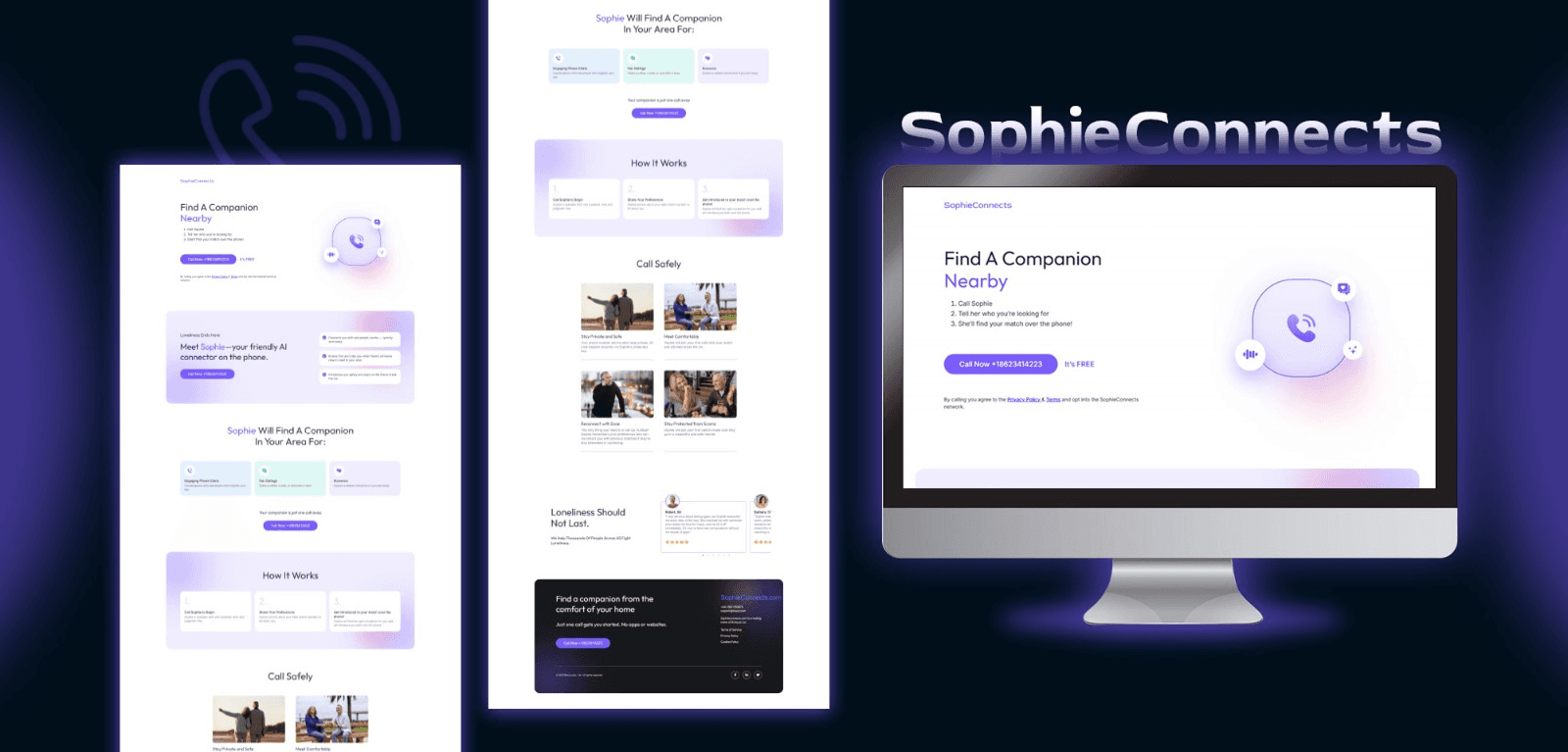 SophieConnect mobile app landing page sections and download calls to action
