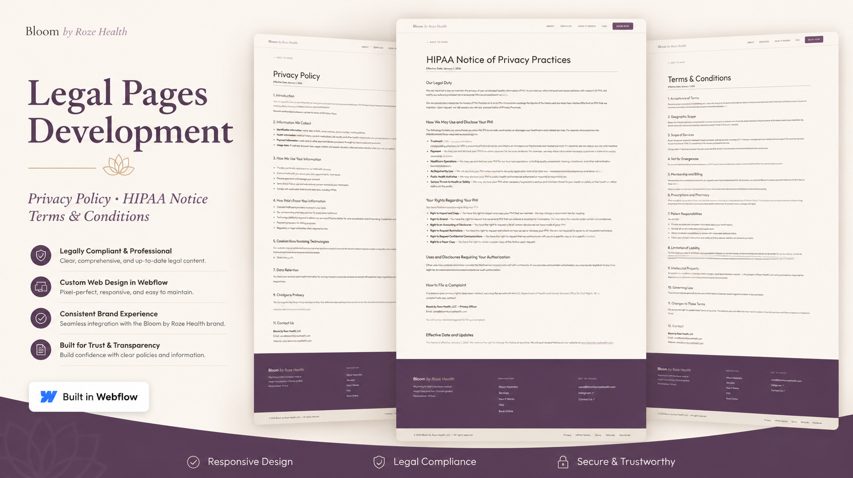 Bloom by Roze Health legal pages showcase